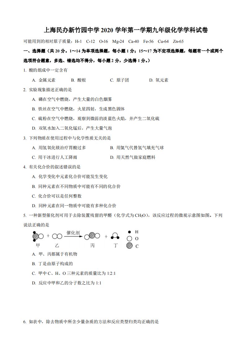 上海市民办新竹园2020-2021九年级初三上学期化学期中试卷+答案