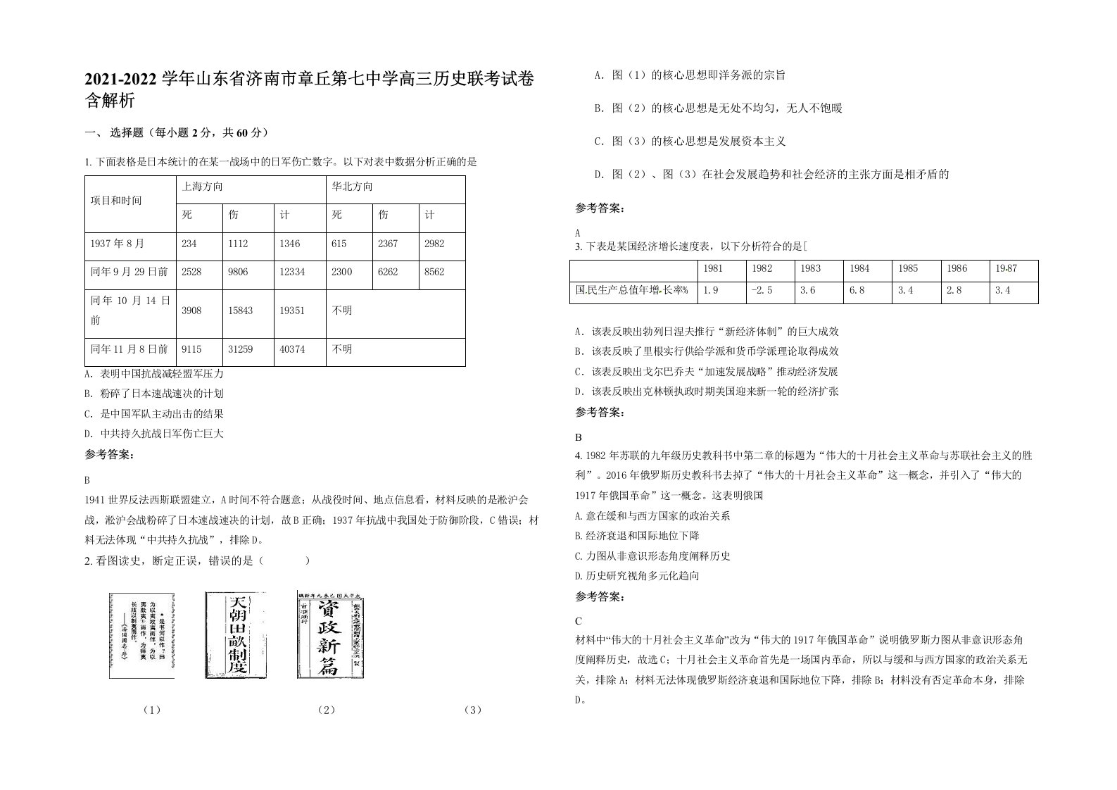 2021-2022学年山东省济南市章丘第七中学高三历史联考试卷含解析