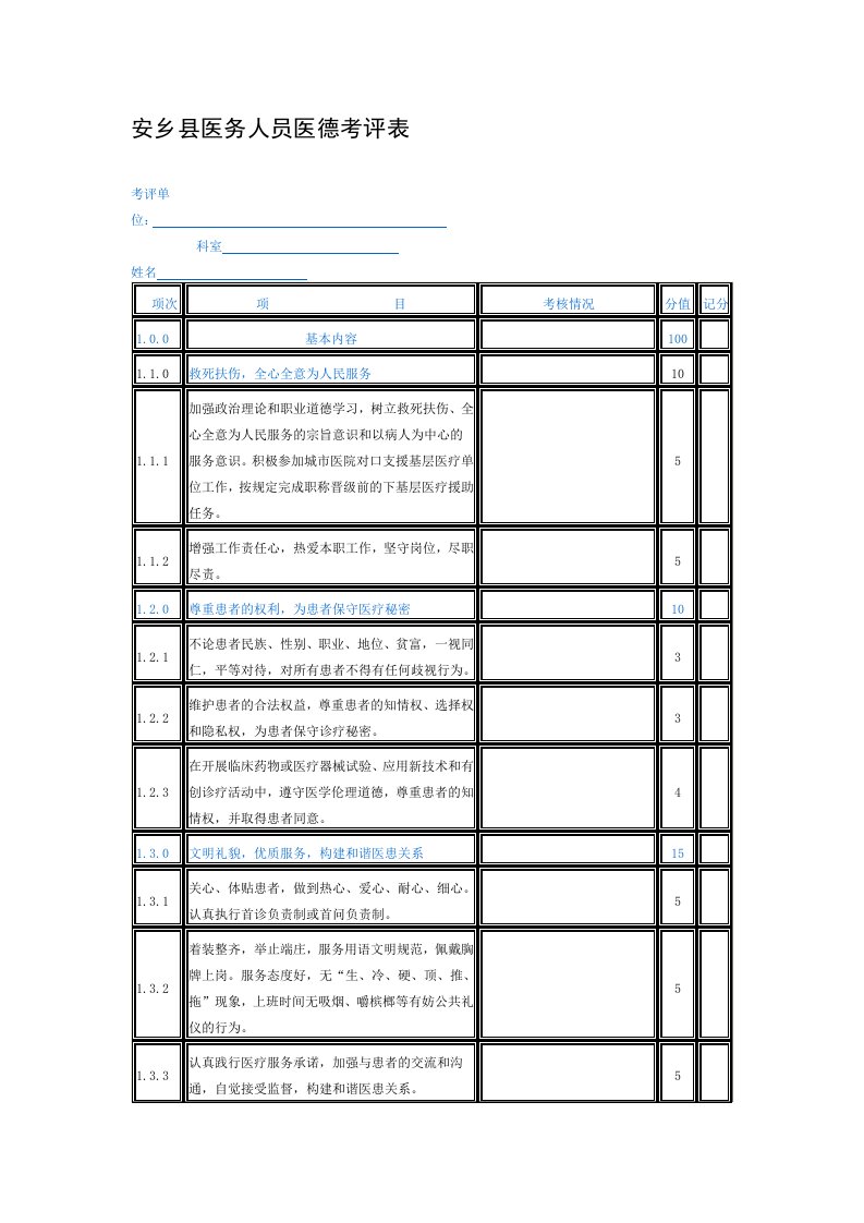 医务人员医德考评表