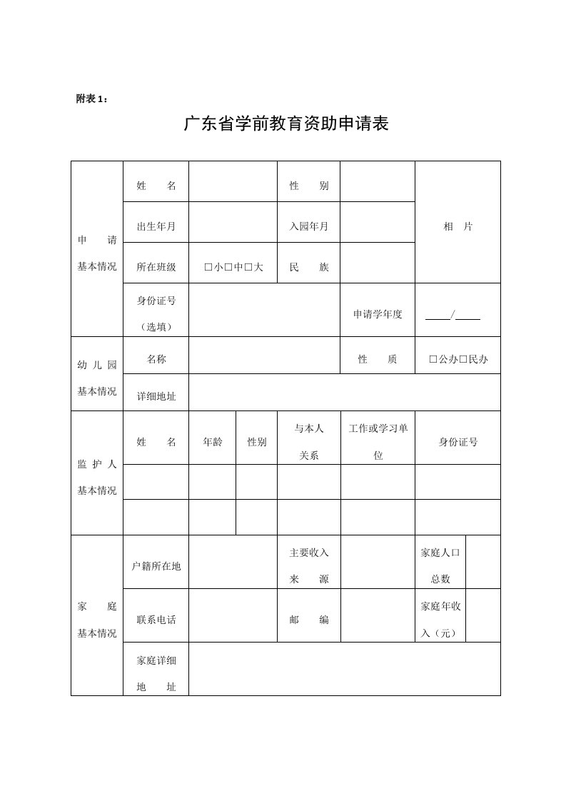 附表1：广东省学前教育资助申请表