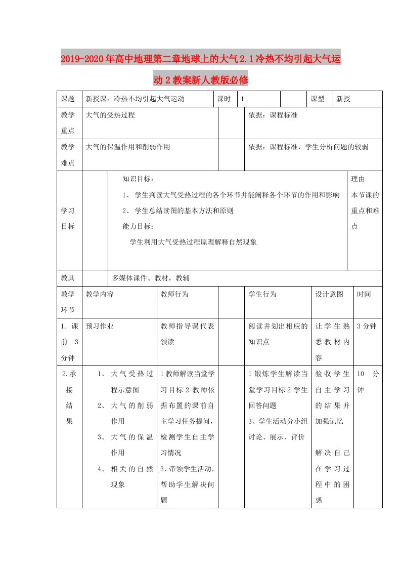 2019-2020年高中地理第二章地球上的大气2.1冷热不均引起大气运动2教案新人教版必修