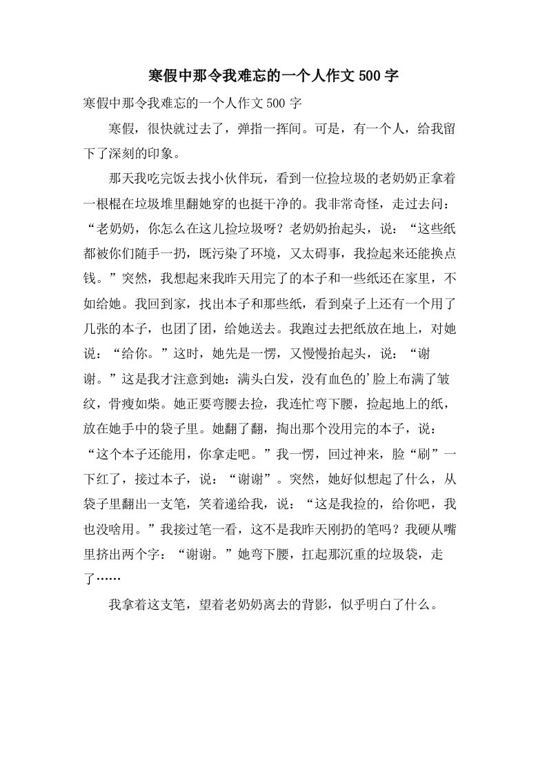 寒假中那令我难忘的一个人作文500字