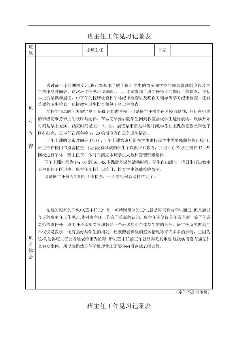 班主任工作见习记录表2份