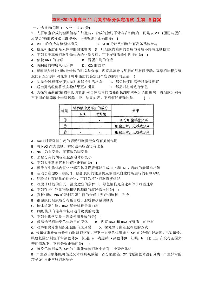 2019-2020年高三11月期中学分认定考试