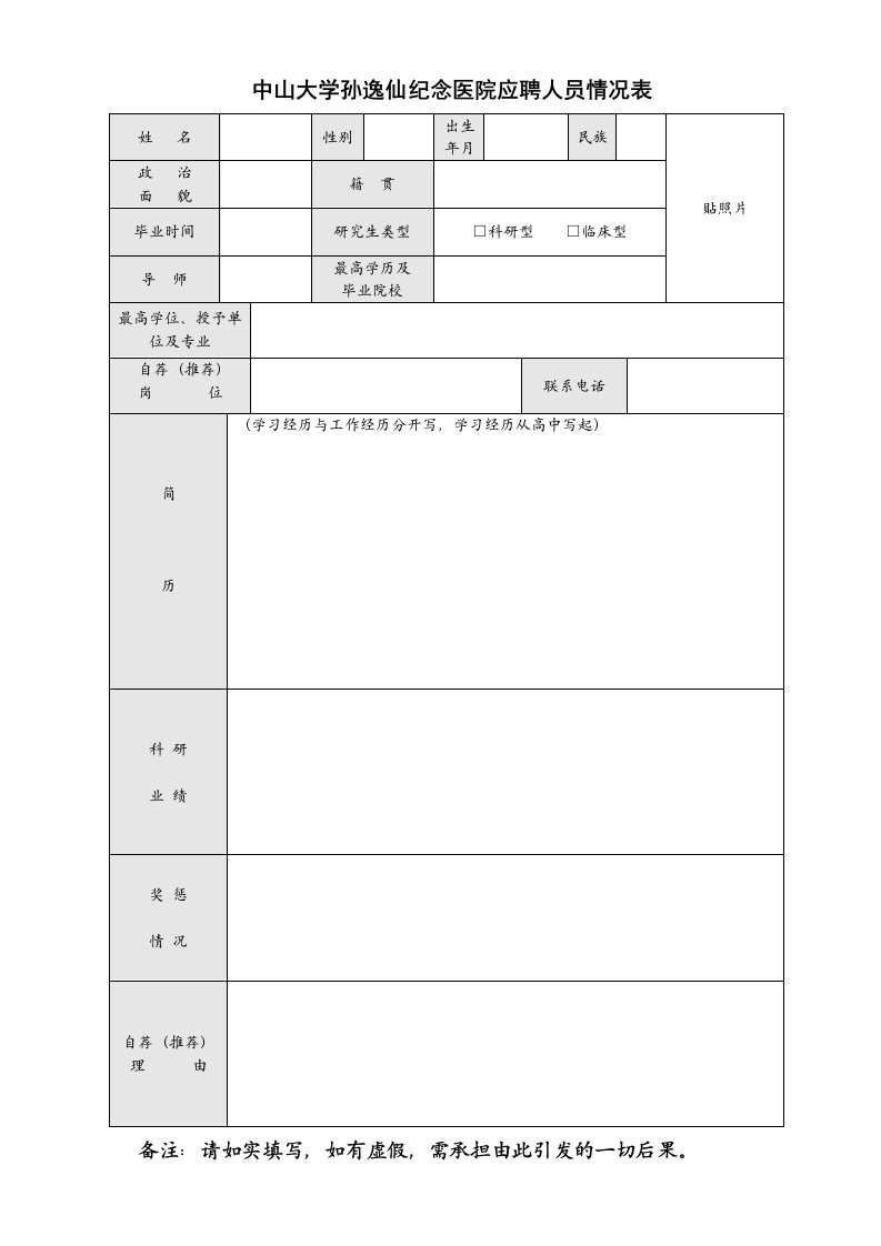 中山大学孙逸仙纪念医院应聘人员情况表