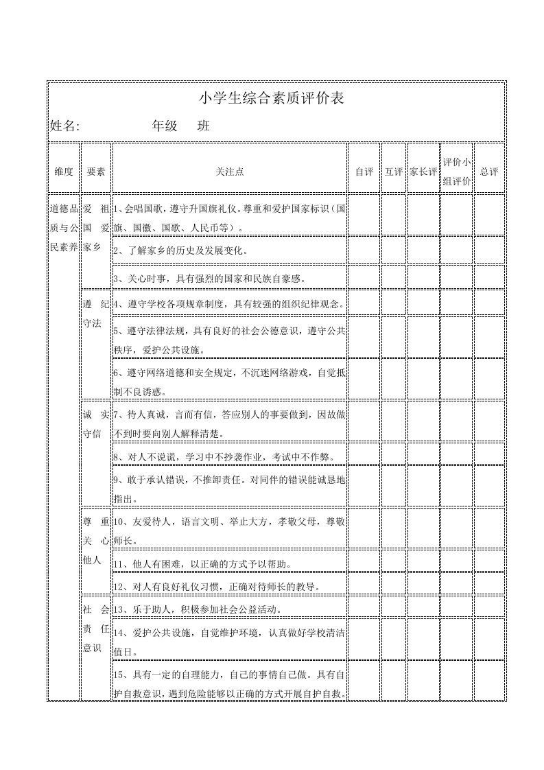 小学生综合素质评价表