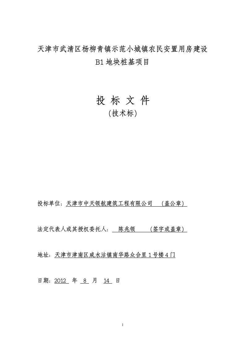 天津市西青区杨柳青镇示范小城镇农民安置用房建设B1地块桩基项目投标文件（技术标）