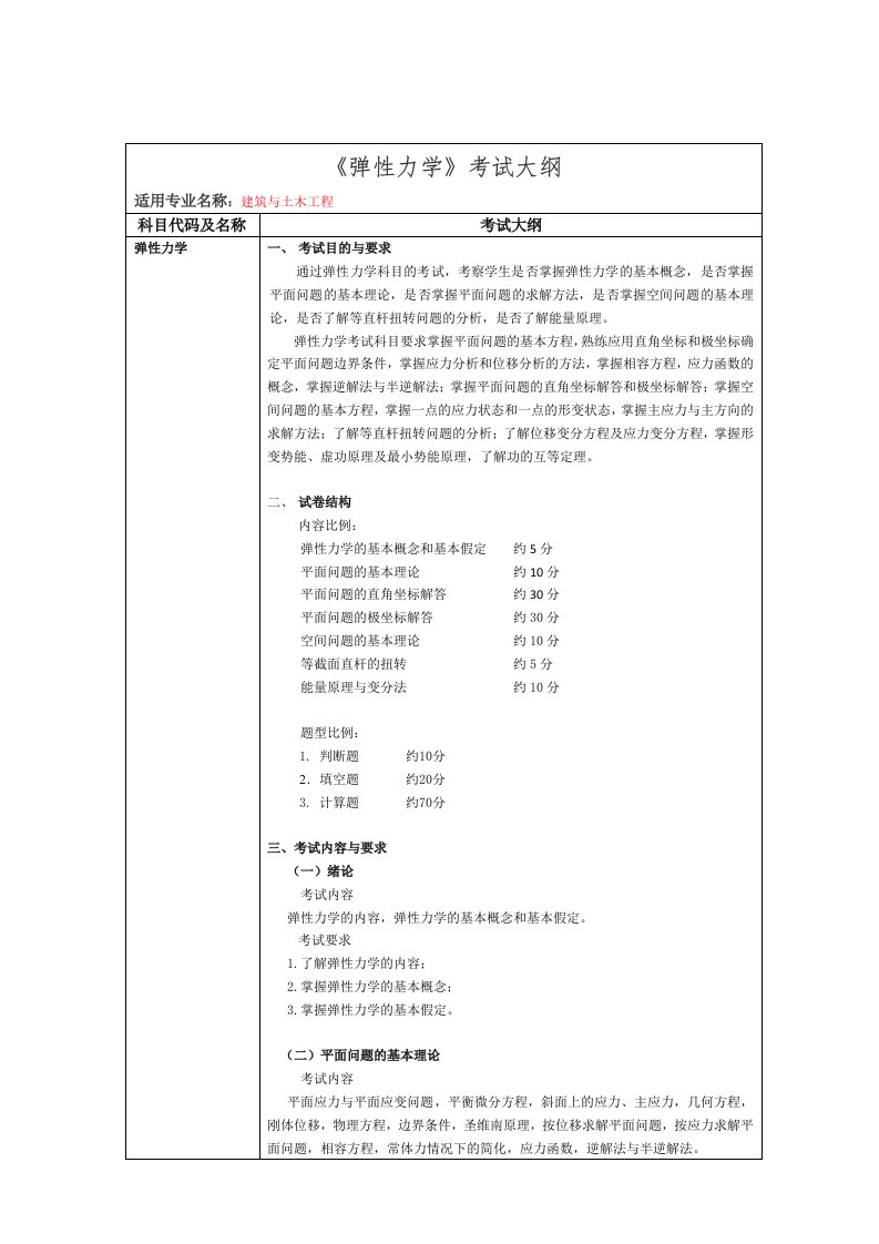 弹性力学考试大纲