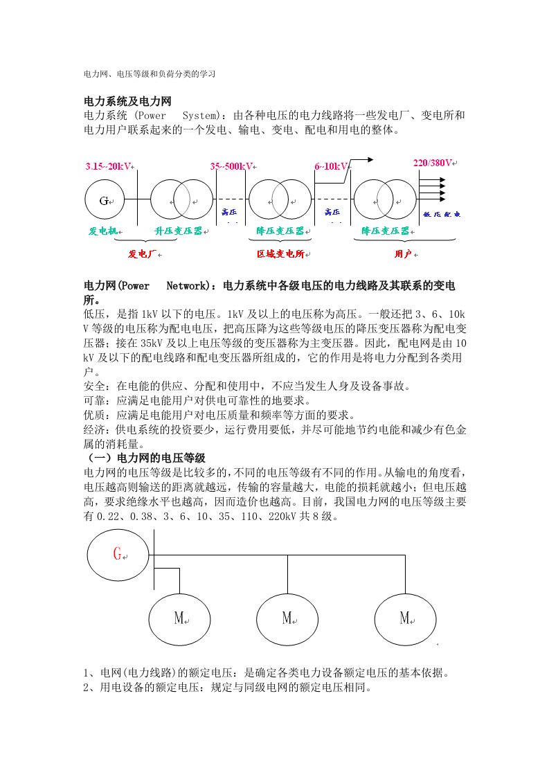 电力网、电压等级和负荷分类的学习