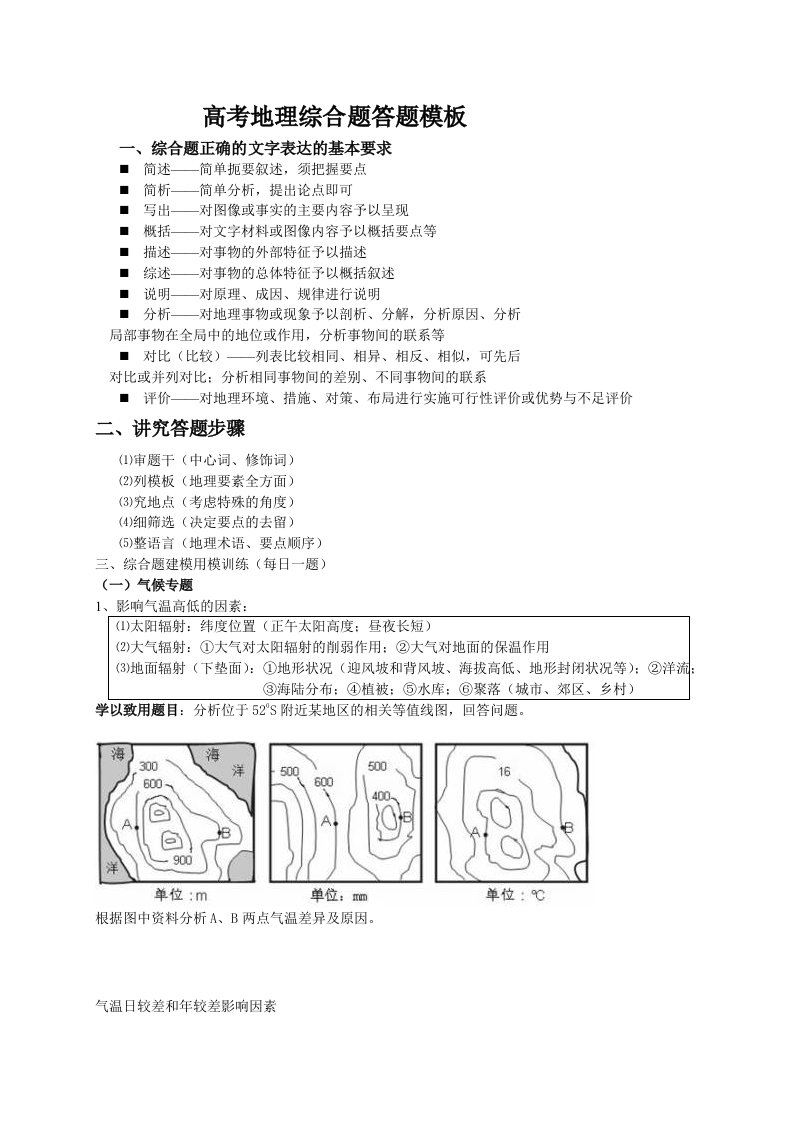 高考地理综合题答题模板