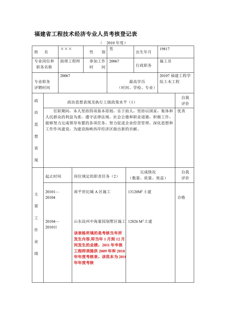 4、附件四福建省工程技术经济专业人员考核登记表(范本)