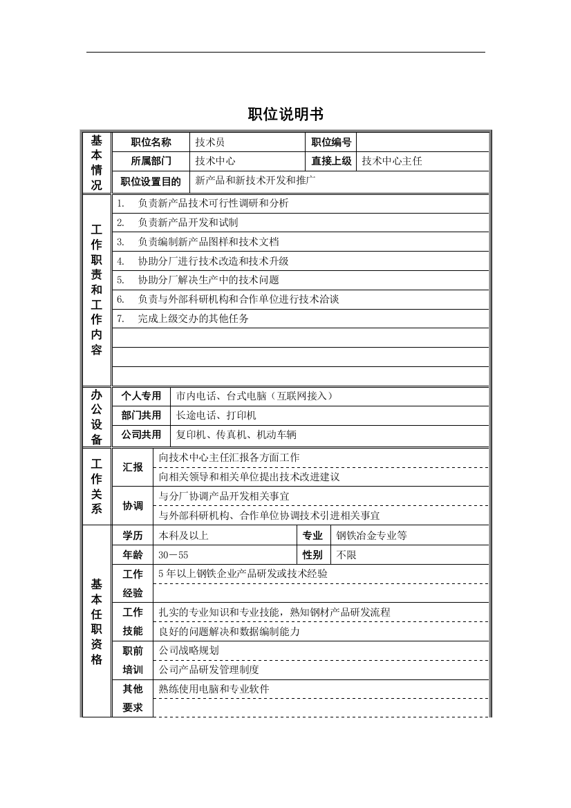 新华信-德龙钢铁技术员职位说明书