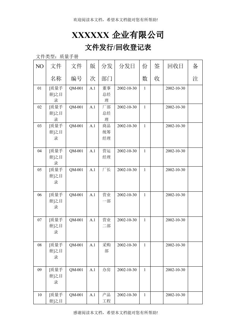 质量手册发放登记表