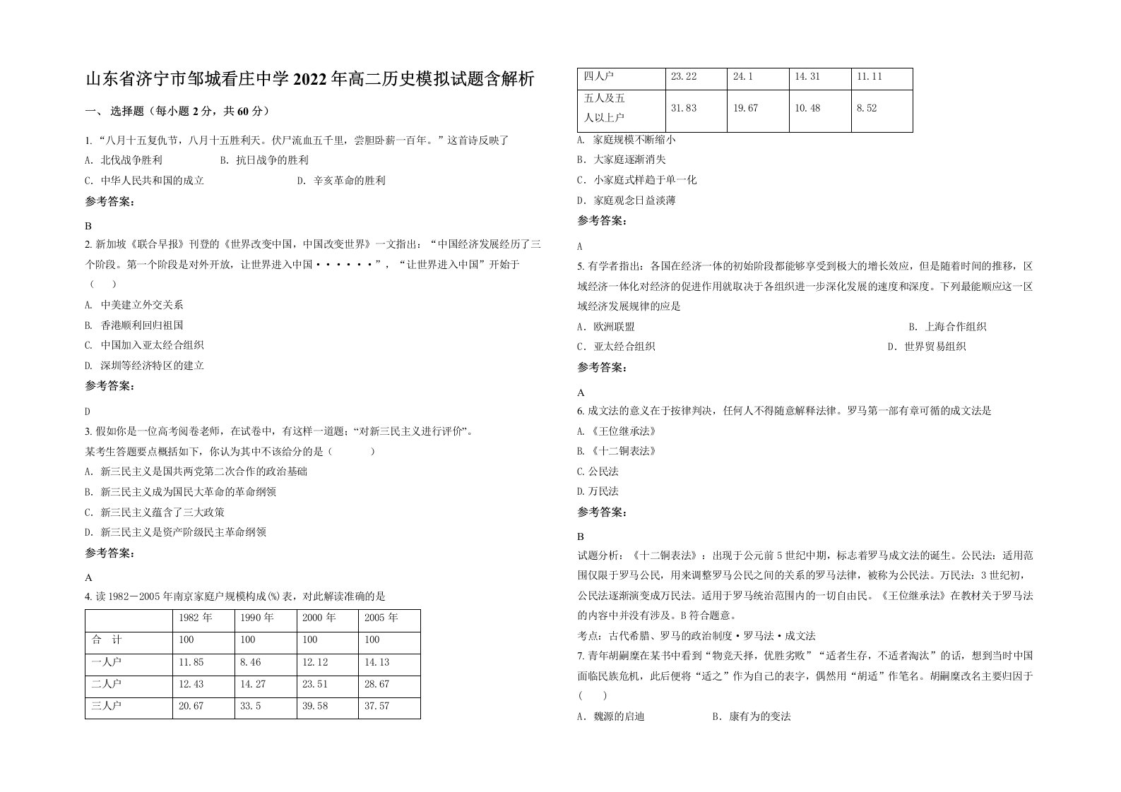 山东省济宁市邹城看庄中学2022年高二历史模拟试题含解析