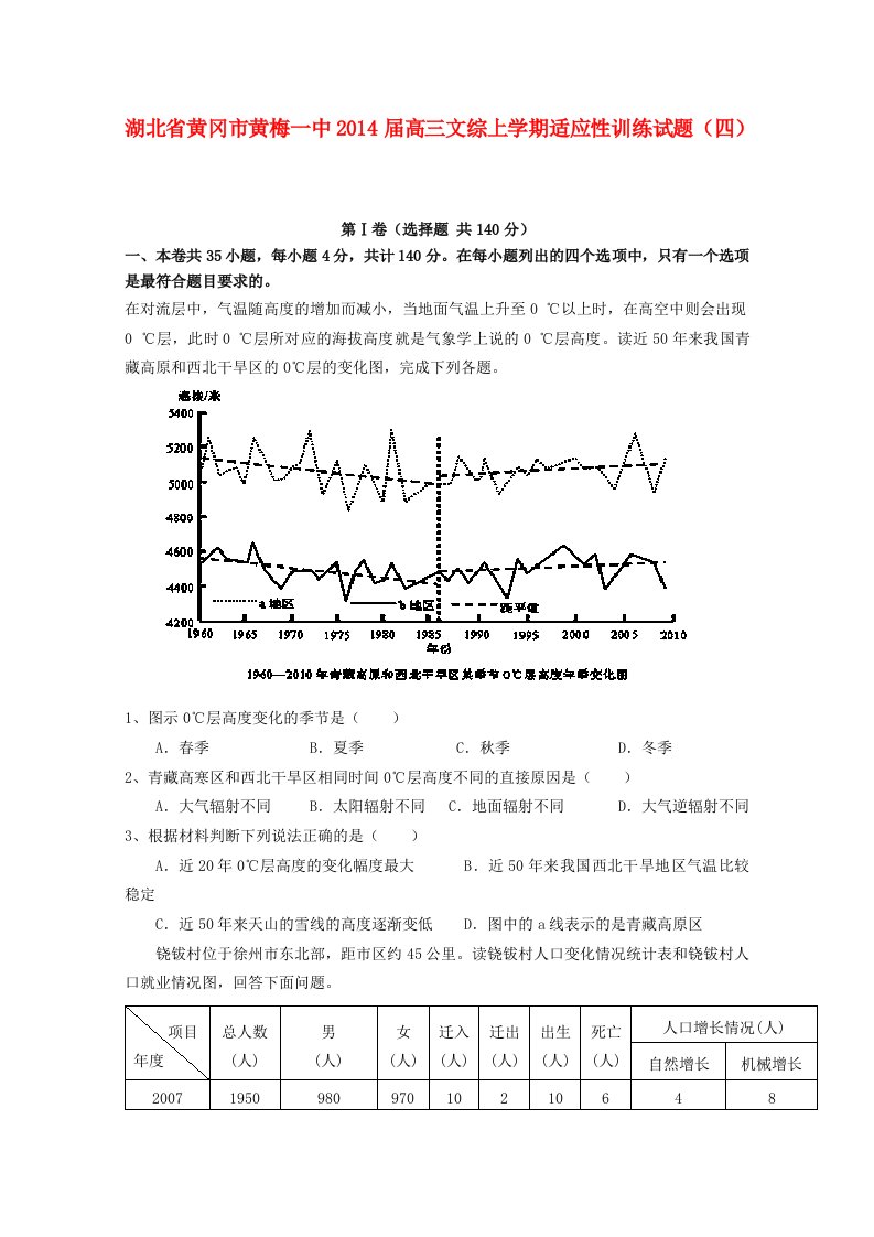 湖北省黄冈市黄梅一中2014届高三文综上学期适应性训练试题(四)