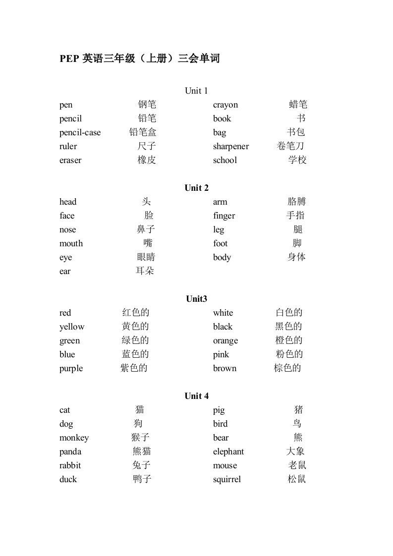 小学三四年级英语单词汇总