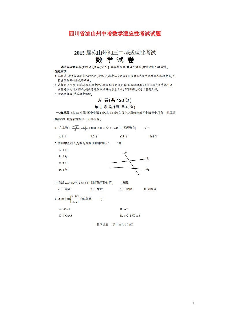 四川省凉山州中考数学适应性考试试题（扫描版）