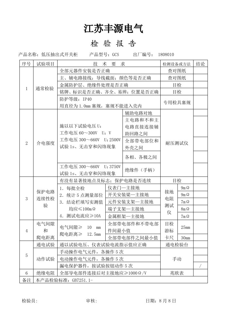 低压配电柜检验报告样稿