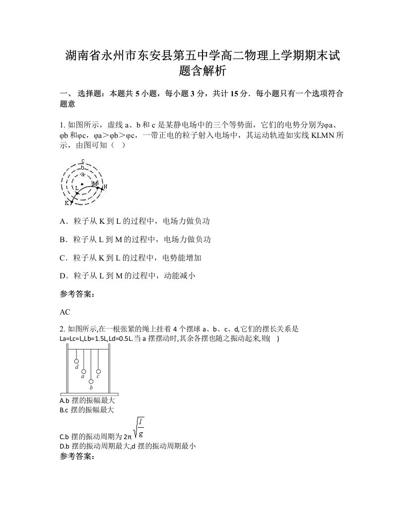 湖南省永州市东安县第五中学高二物理上学期期末试题含解析