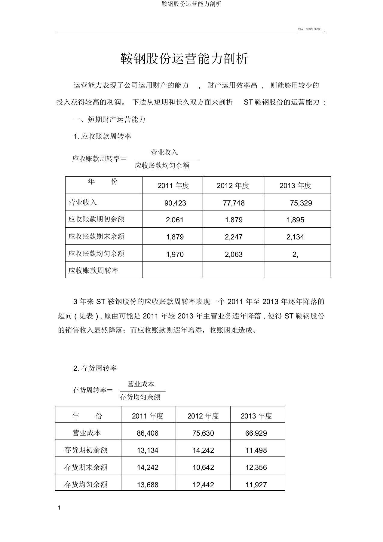 鞍钢股份营运能力分析