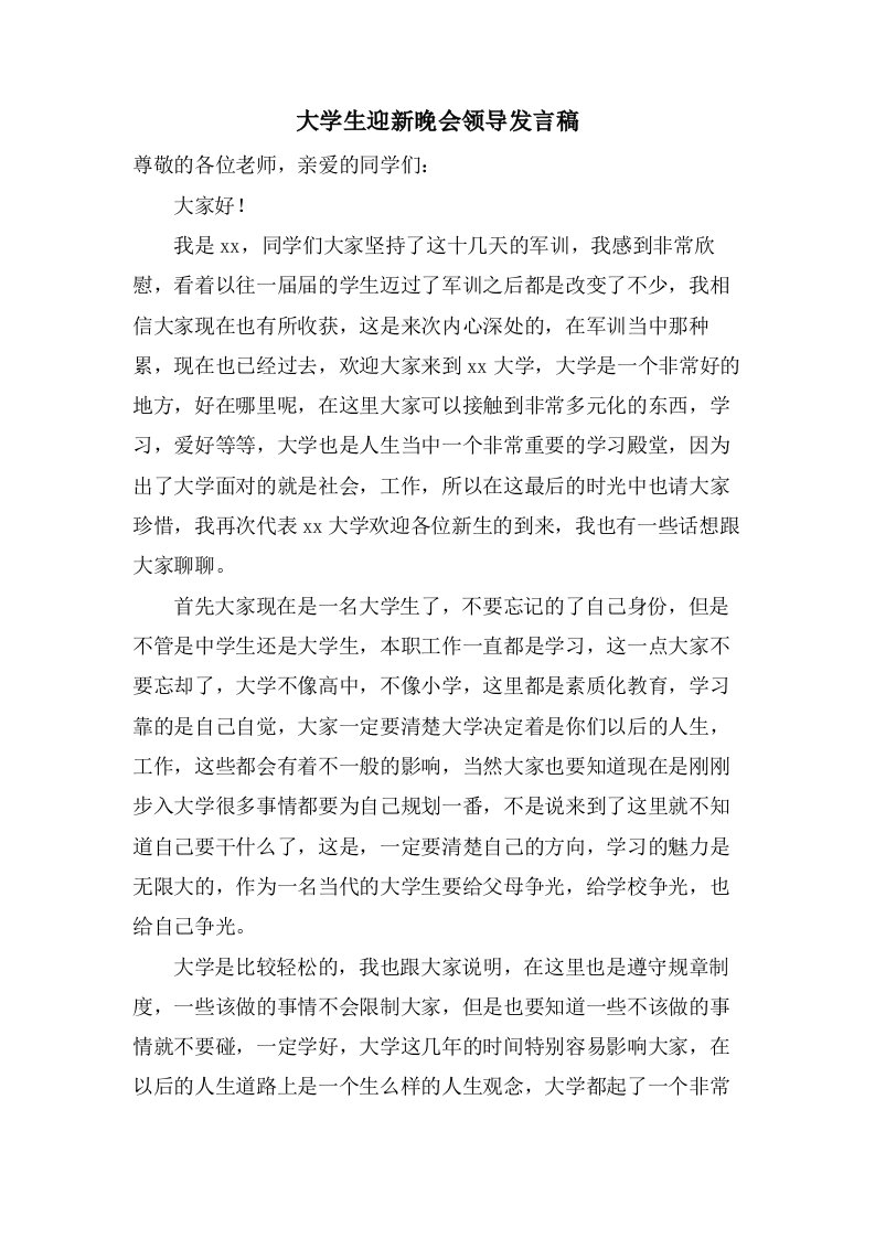 大学生迎新晚会领导发言稿