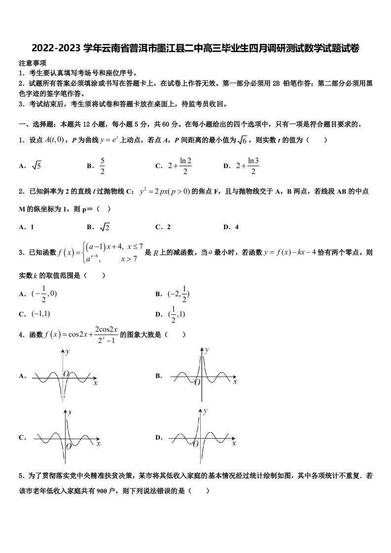 2022-2023学年云南省普洱市墨江县二中高三毕业生四月调研测试数学试题试卷含解析