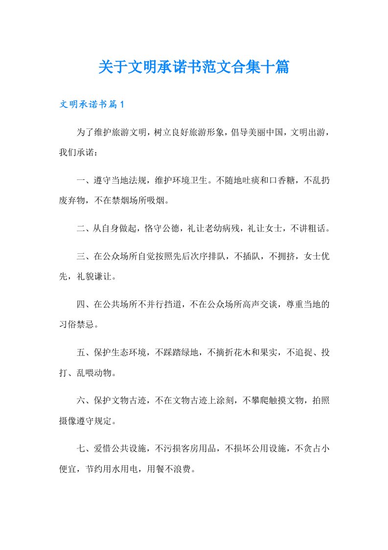 关于文明承诺书范文合集十篇