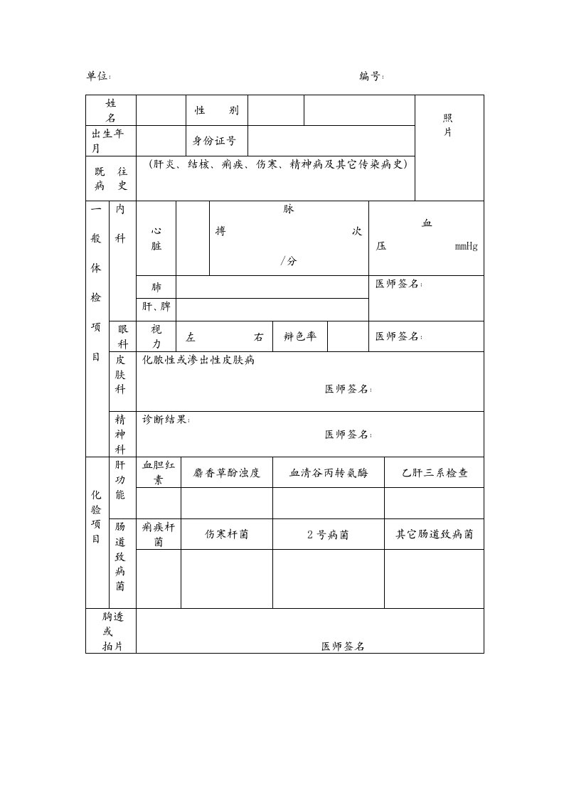 药品从业人员体检表