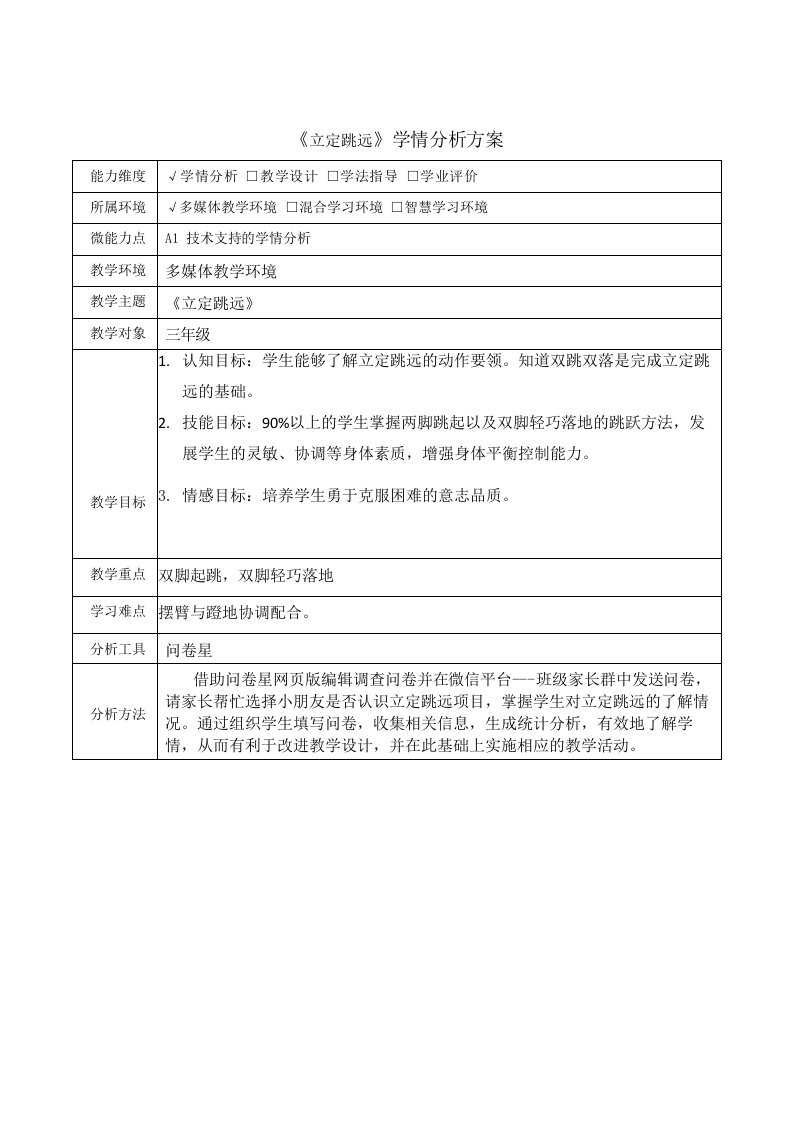 《立定跳远》学情分析方案