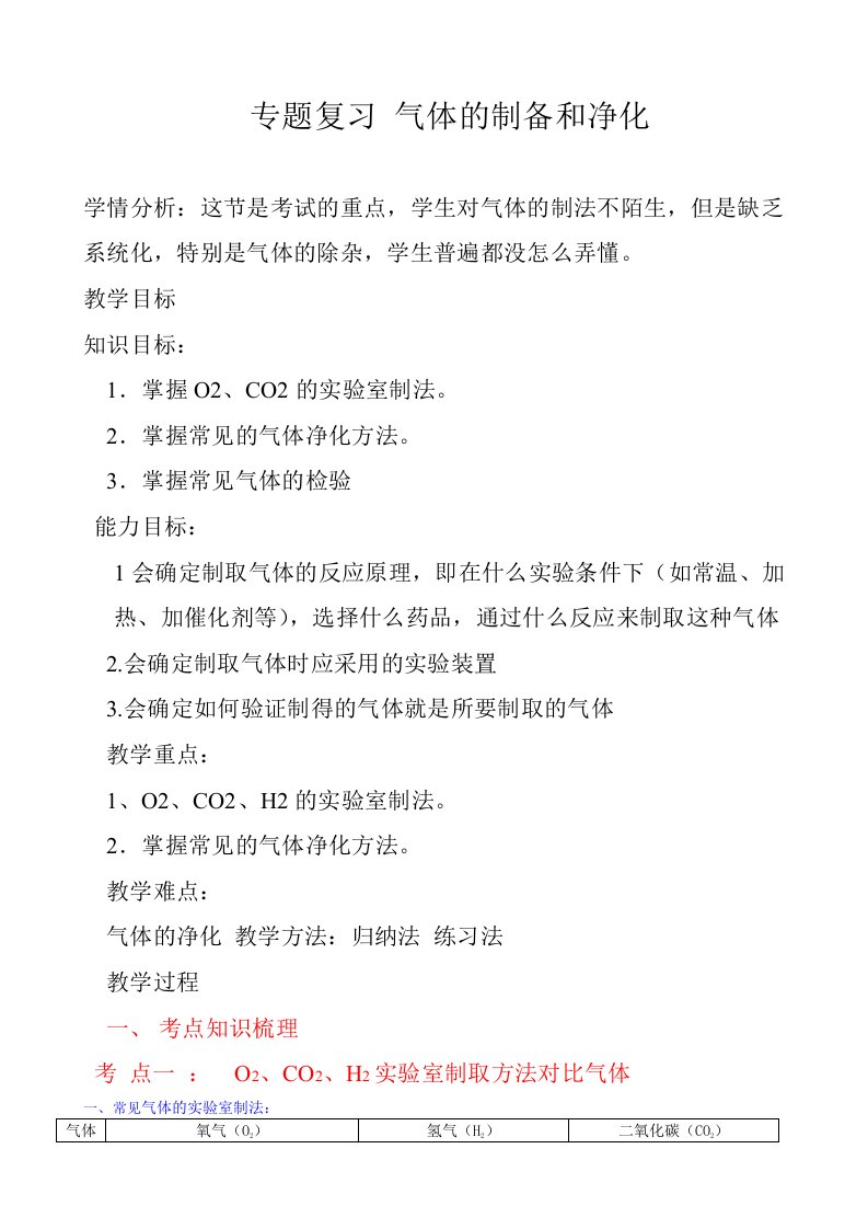 化学人教版九年级上册专题：气体的制取、收集、净化和干燥教学设计