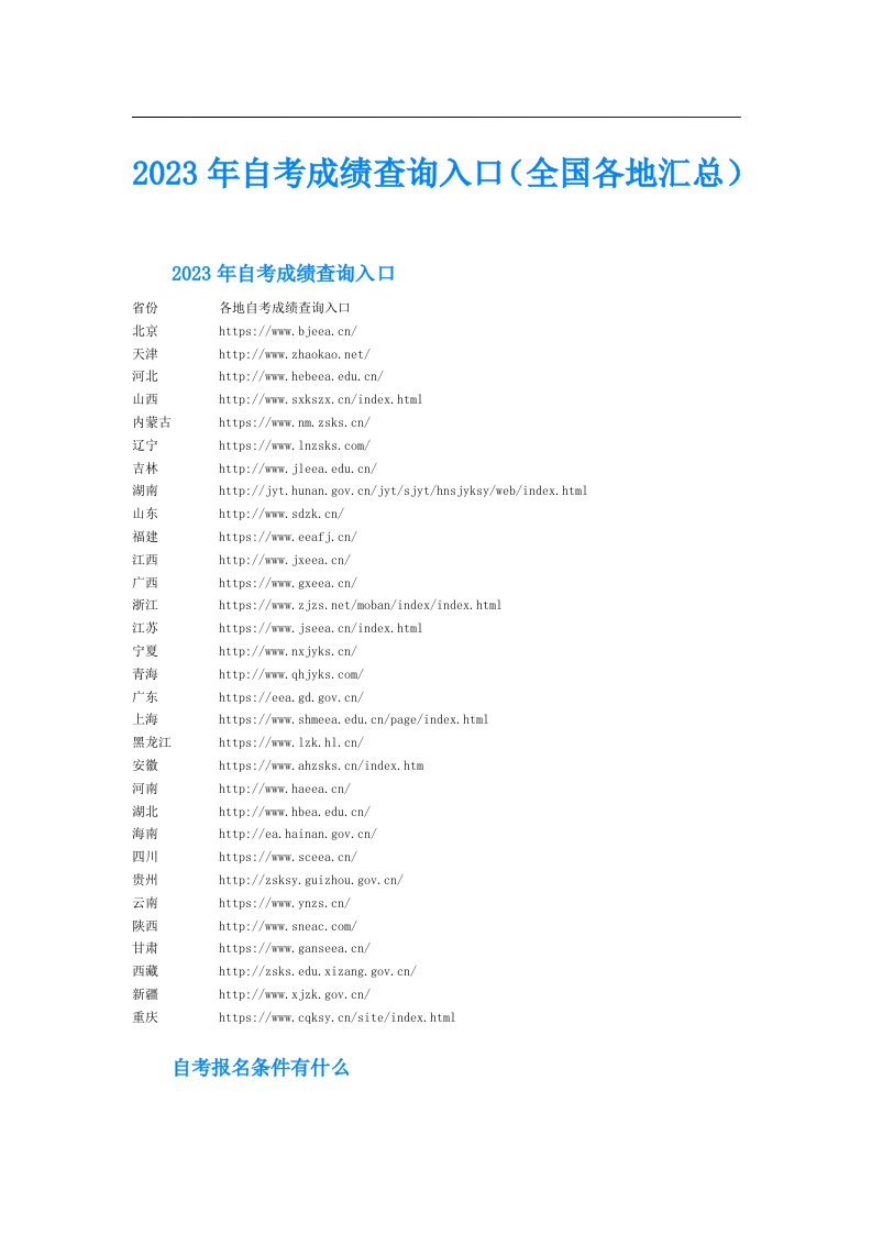 自考成绩查询入口（全国各地汇总）