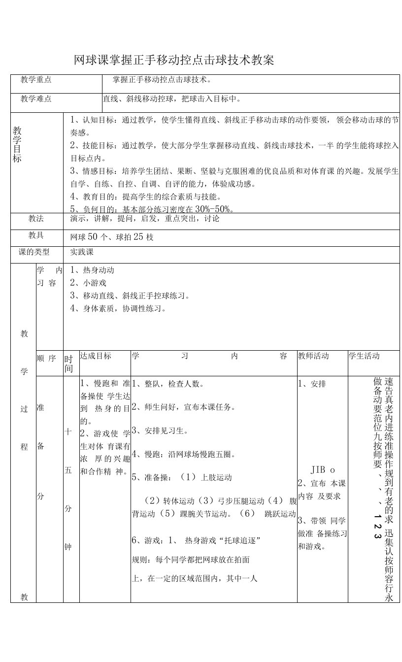 网球课掌握正手移动控点击球技术教案