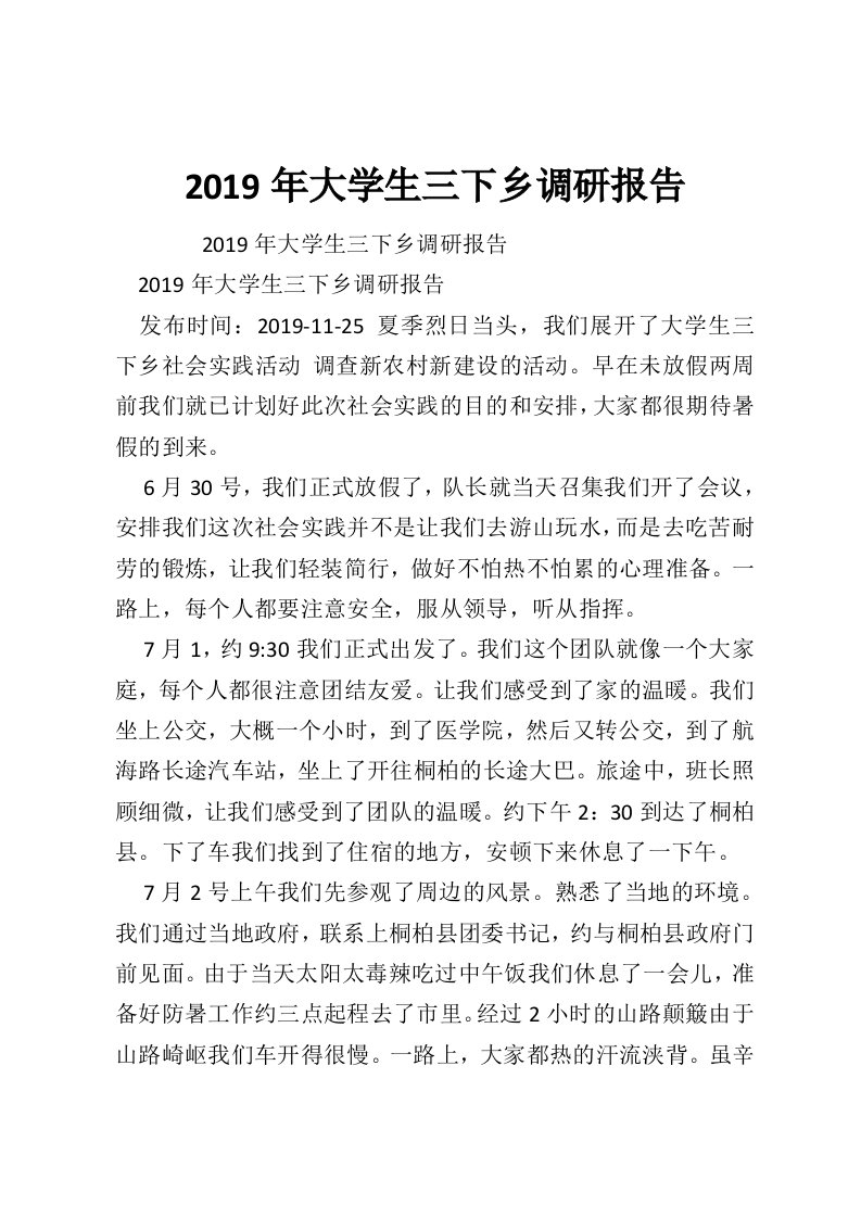 2019年大学生三下乡调研报告