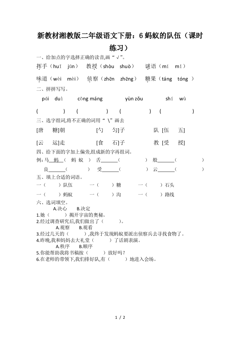 新教材湘教版二年级语文下册：6蚂蚁的队伍(课时练习)