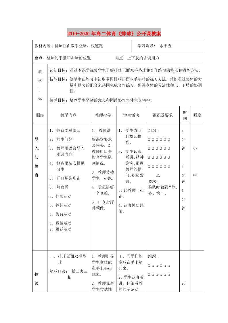 2019-2020年高二体育《排球》公开课教案