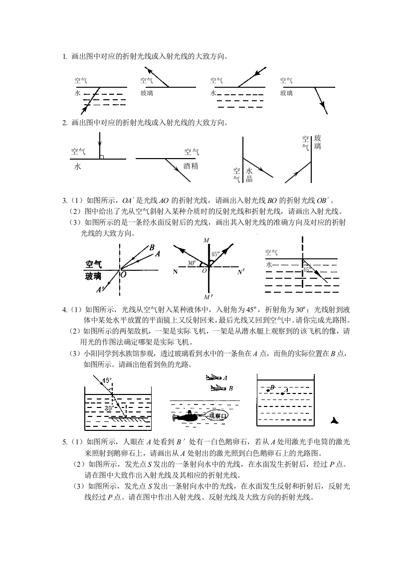 初二物理光的反射和折射光路图习题