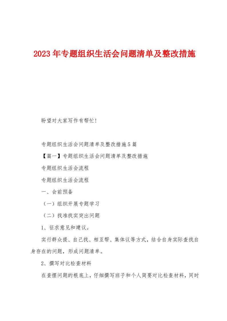 2023年专题组织生活会问题清单及整改措施