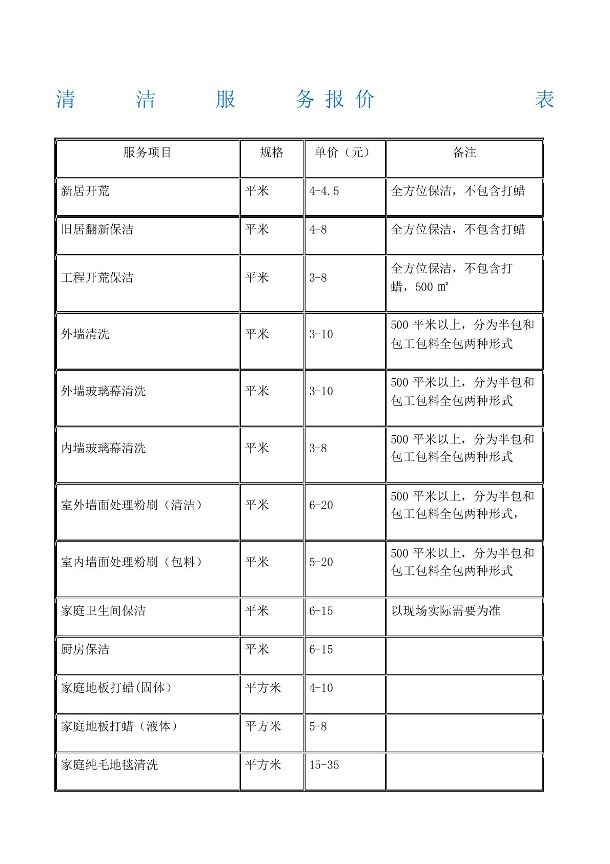 保洁服务项目报价表