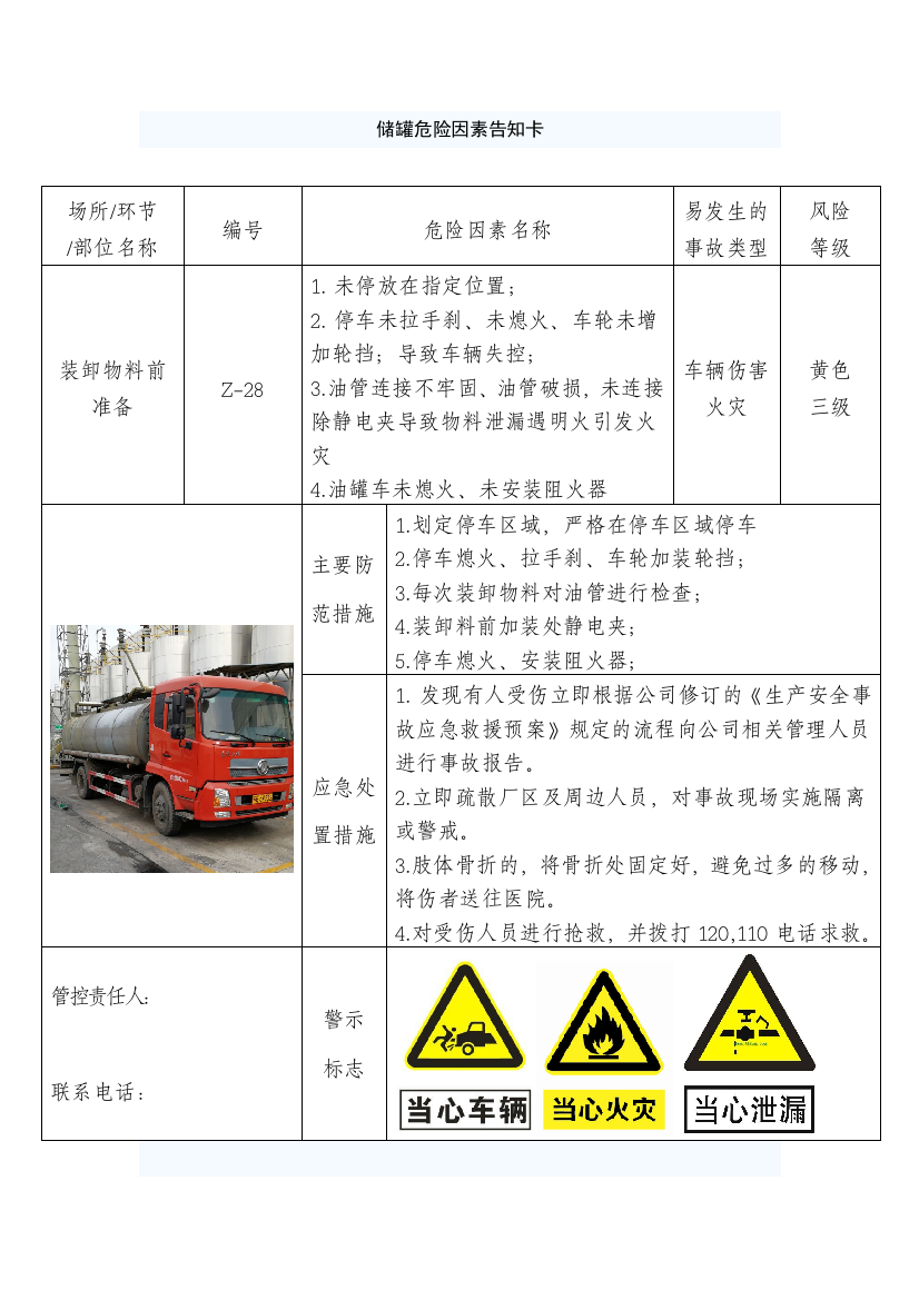 储罐区危险因素告知卡