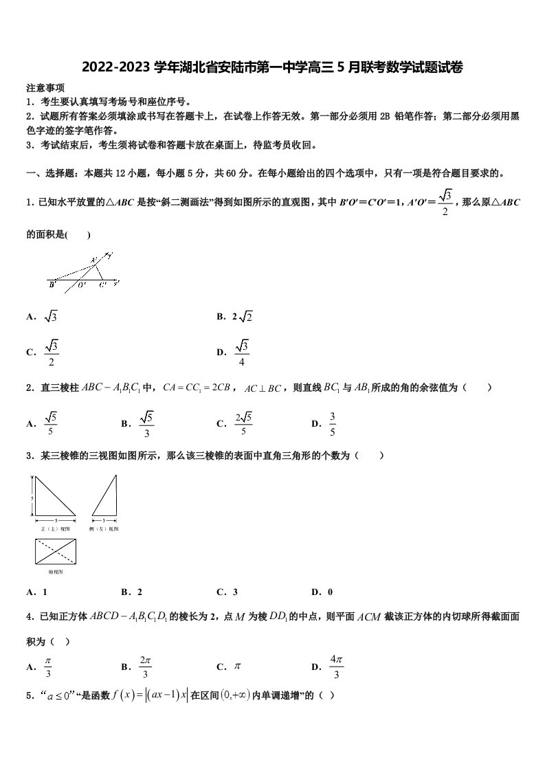 2022-2023学年湖北省安陆市第一中学高三5月联考数学试题试卷