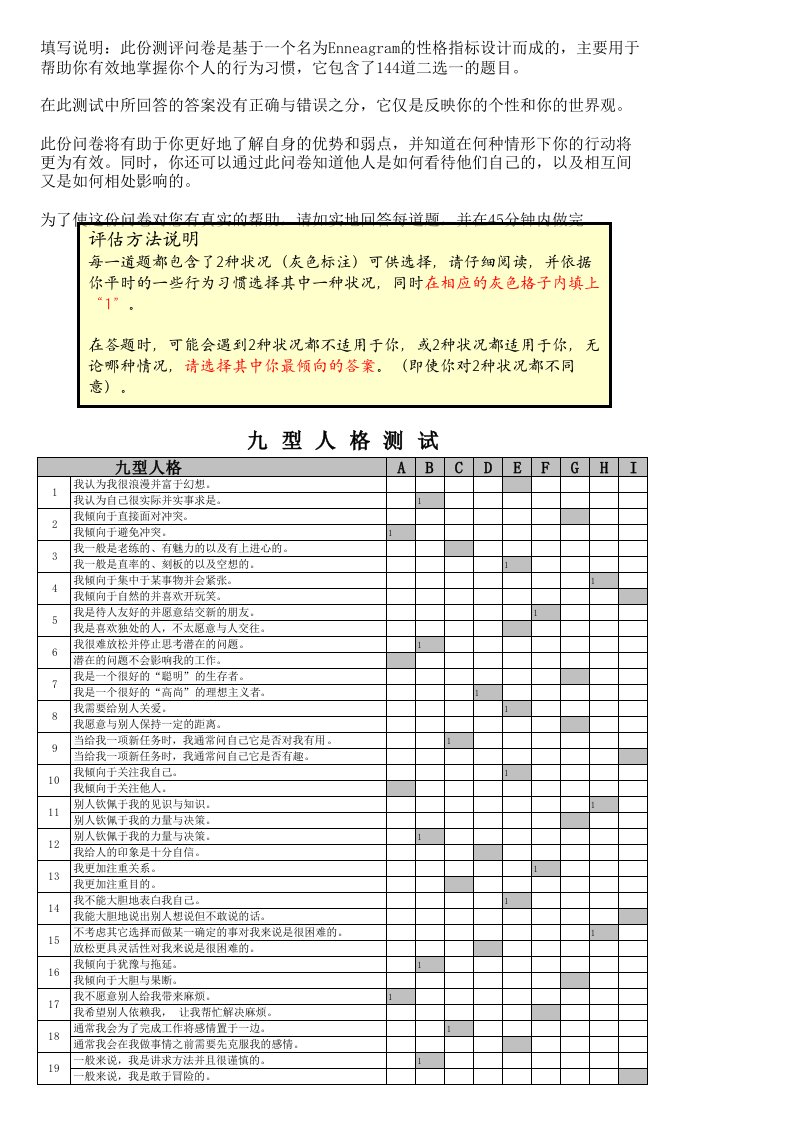 九型人格测试题.144题.excel版可直接得出结果