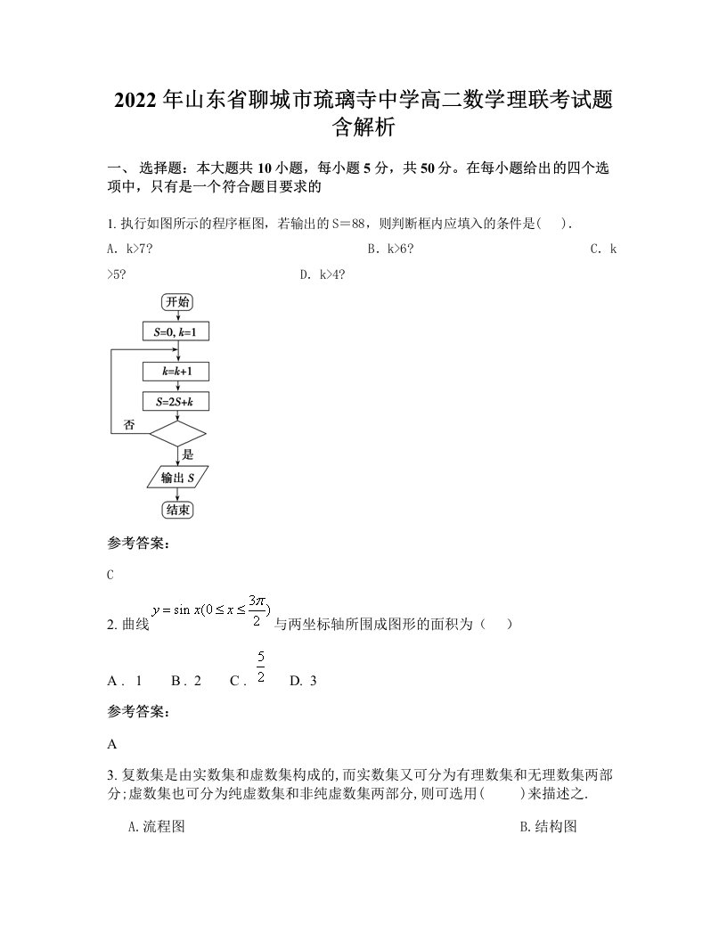 2022年山东省聊城市琉璃寺中学高二数学理联考试题含解析