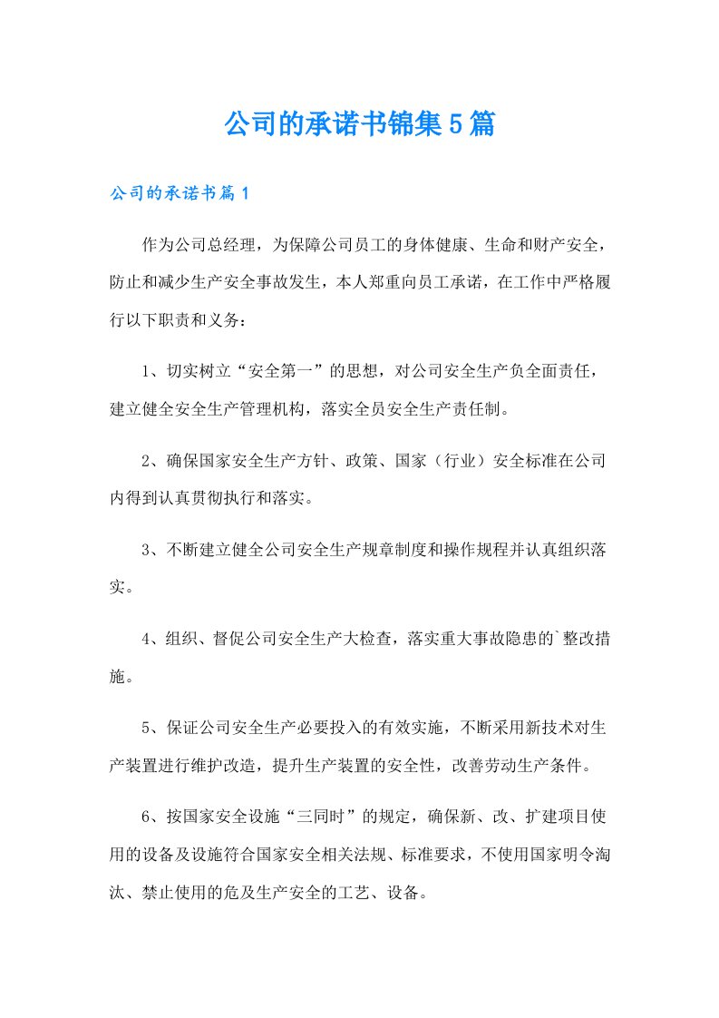 公司的承诺书锦集5篇