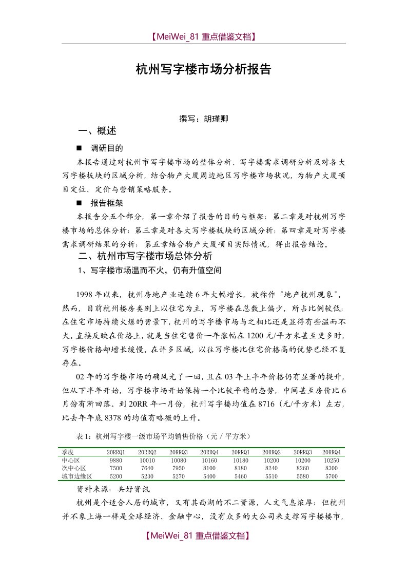 【AAA】杭州写字楼市场分析报告