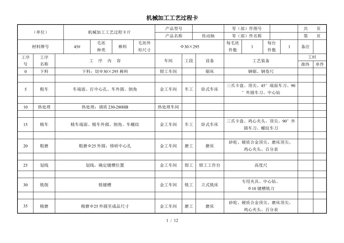 机械加工工艺过程卡