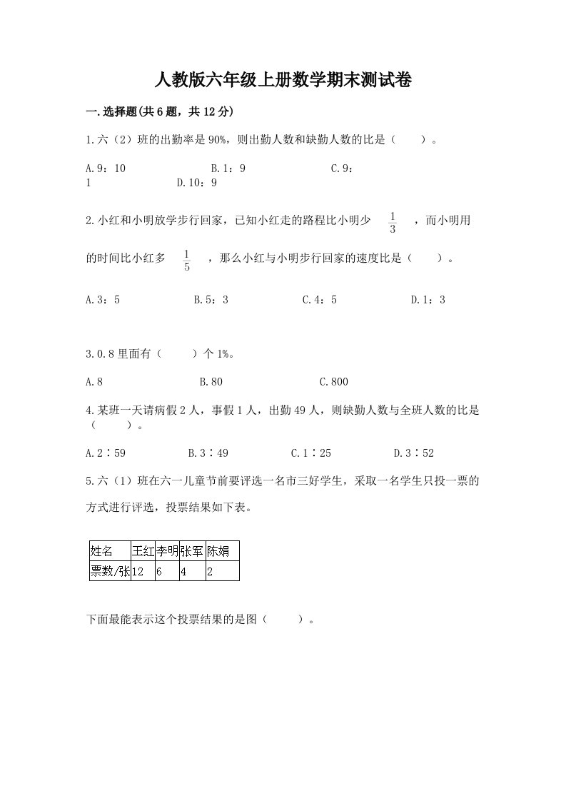 人教版六年级上册数学期末测试卷及答案【历年真题】