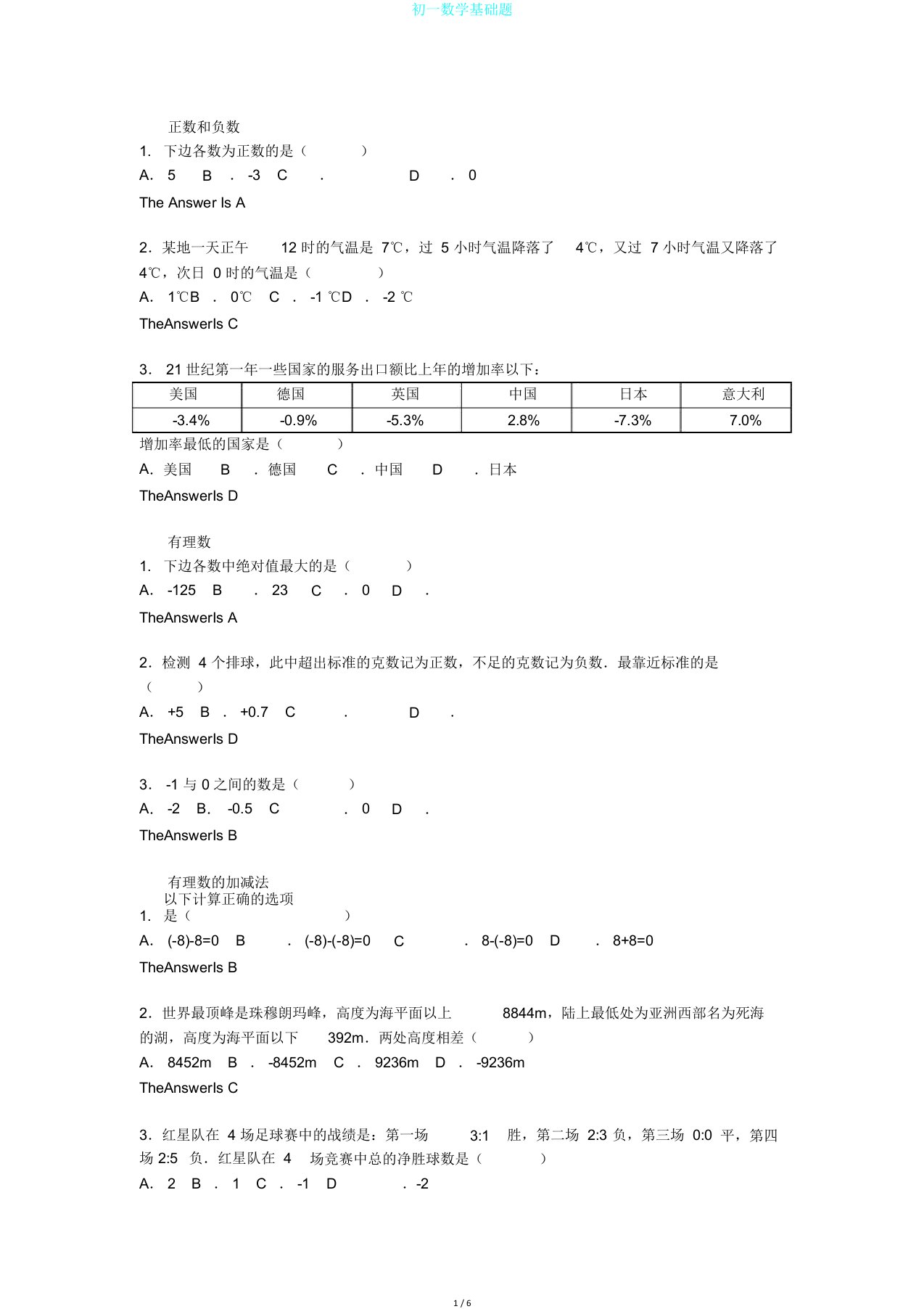 初一数学基础题