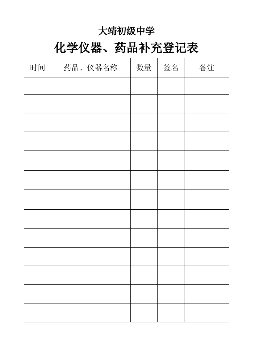 化学仪器药品补充登记表