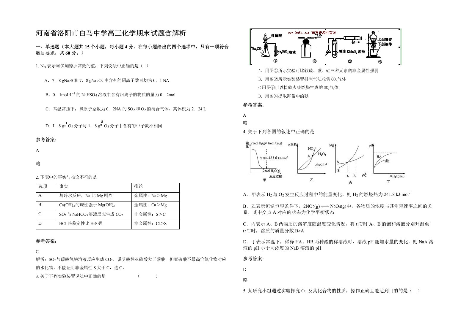 河南省洛阳市白马中学高三化学期末试题含解析