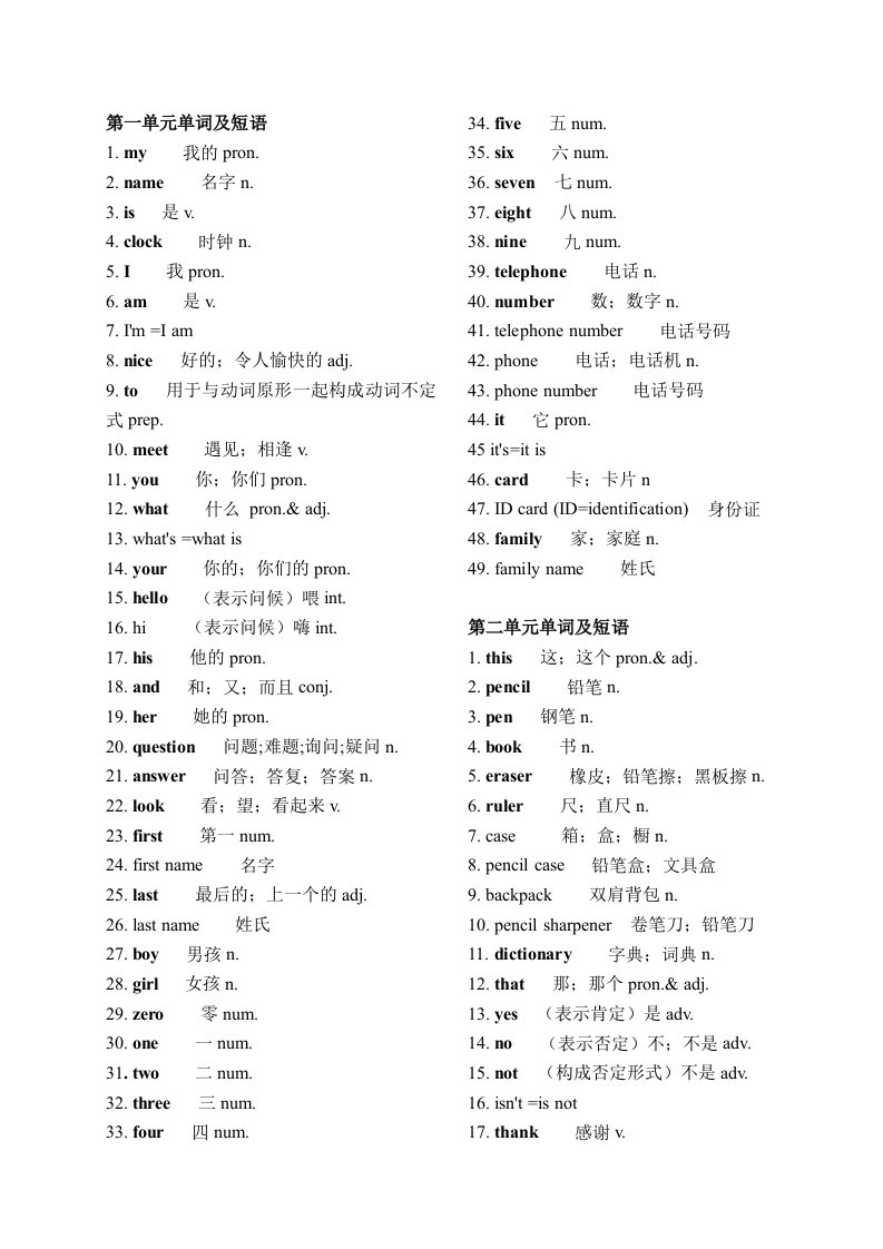 初一英语上册单词表人教版新课标